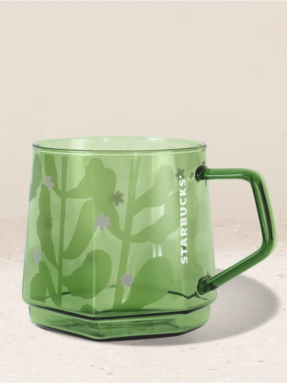 NEW Starbucks Translucent Green Floral Glass Mug with Angled Handle